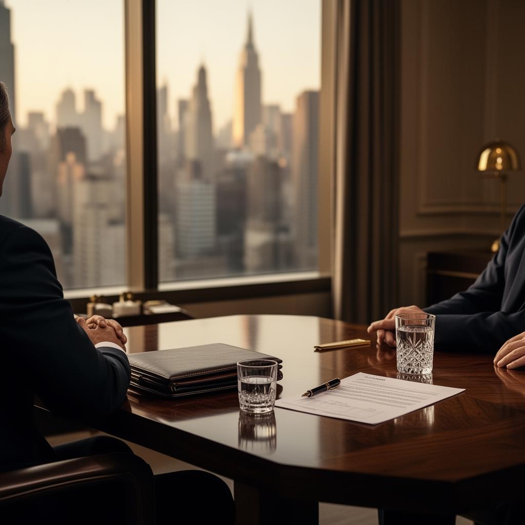 Two advisors in a private banking meeting overlooking a financial district at golden hour